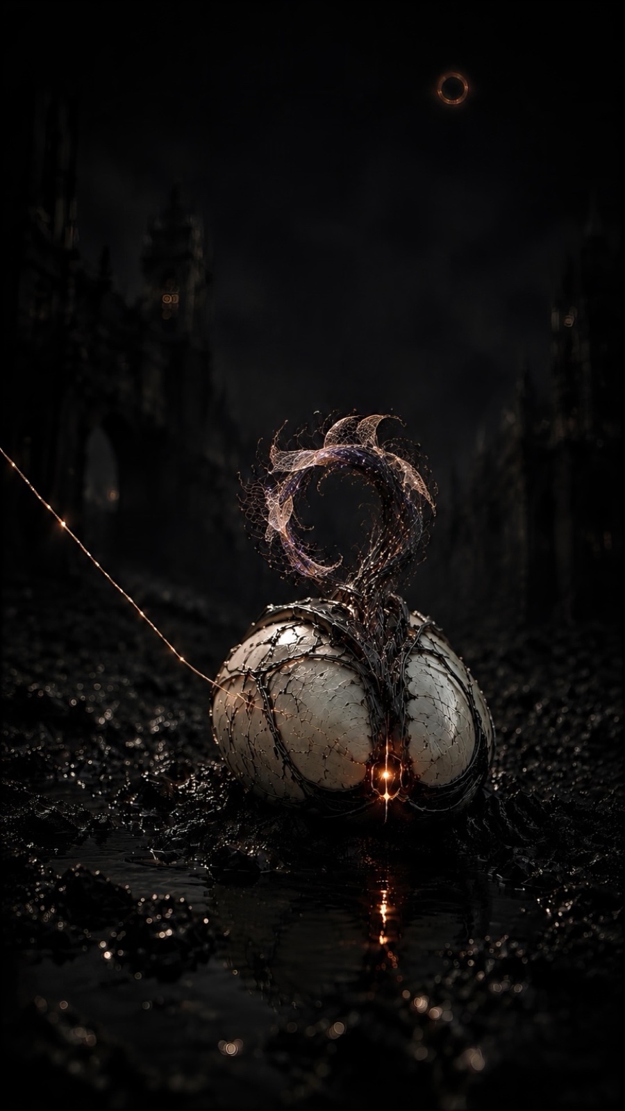 A small illuminated ring emerges from a seed on a ruined street beneath an eclipse.