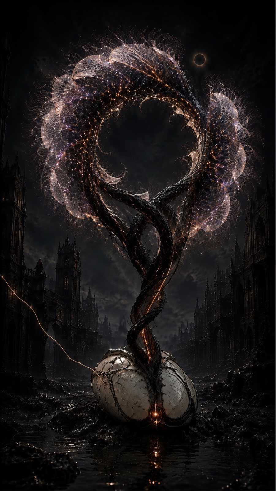 A towering intricate Breath Crown of ivory branches expands across the ruined street beneath an eclipse.