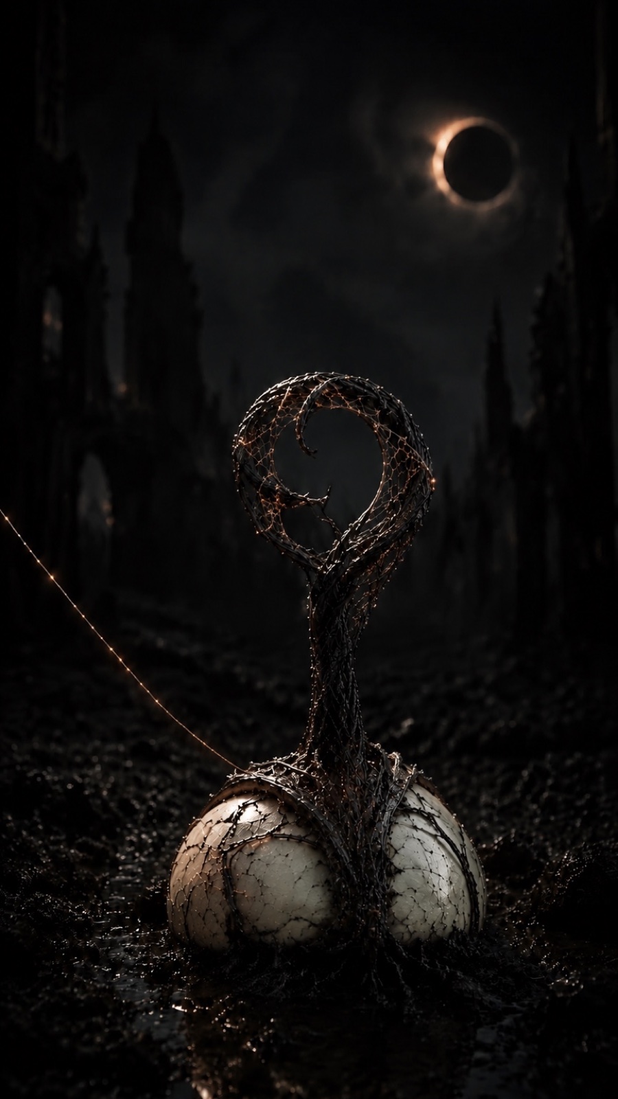 Dark skeletal fibers form a growing ring above a seed in the ruined street.