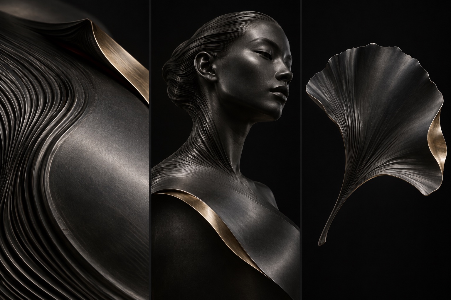 A triptych of ridged dark metal: an abstract fold, a sculptural woman, and a ginkgo leaf, each with glimpses of gold.