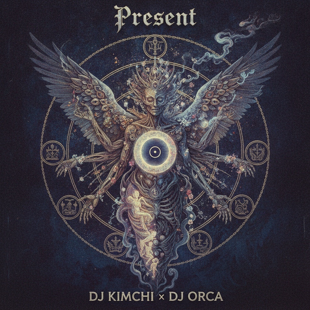 PRESENT artwork: a navy and gold engraved winged figure, credited DJ KIMCHI × DJ ORCA