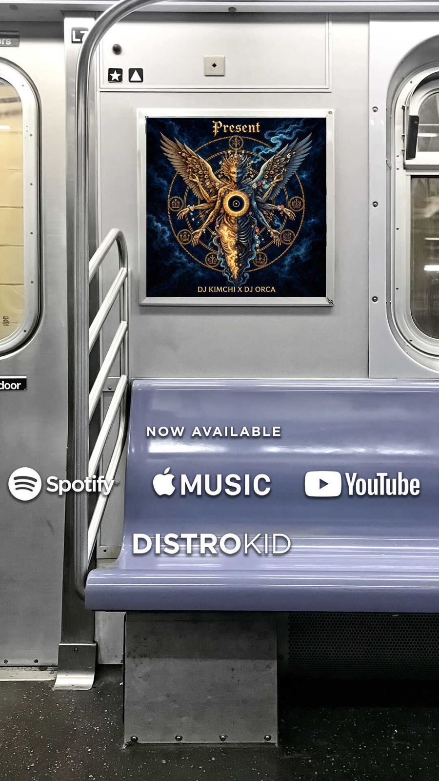PRESENT artwork on a subway poster mockup with streaming-service logos and DistroKid branding.