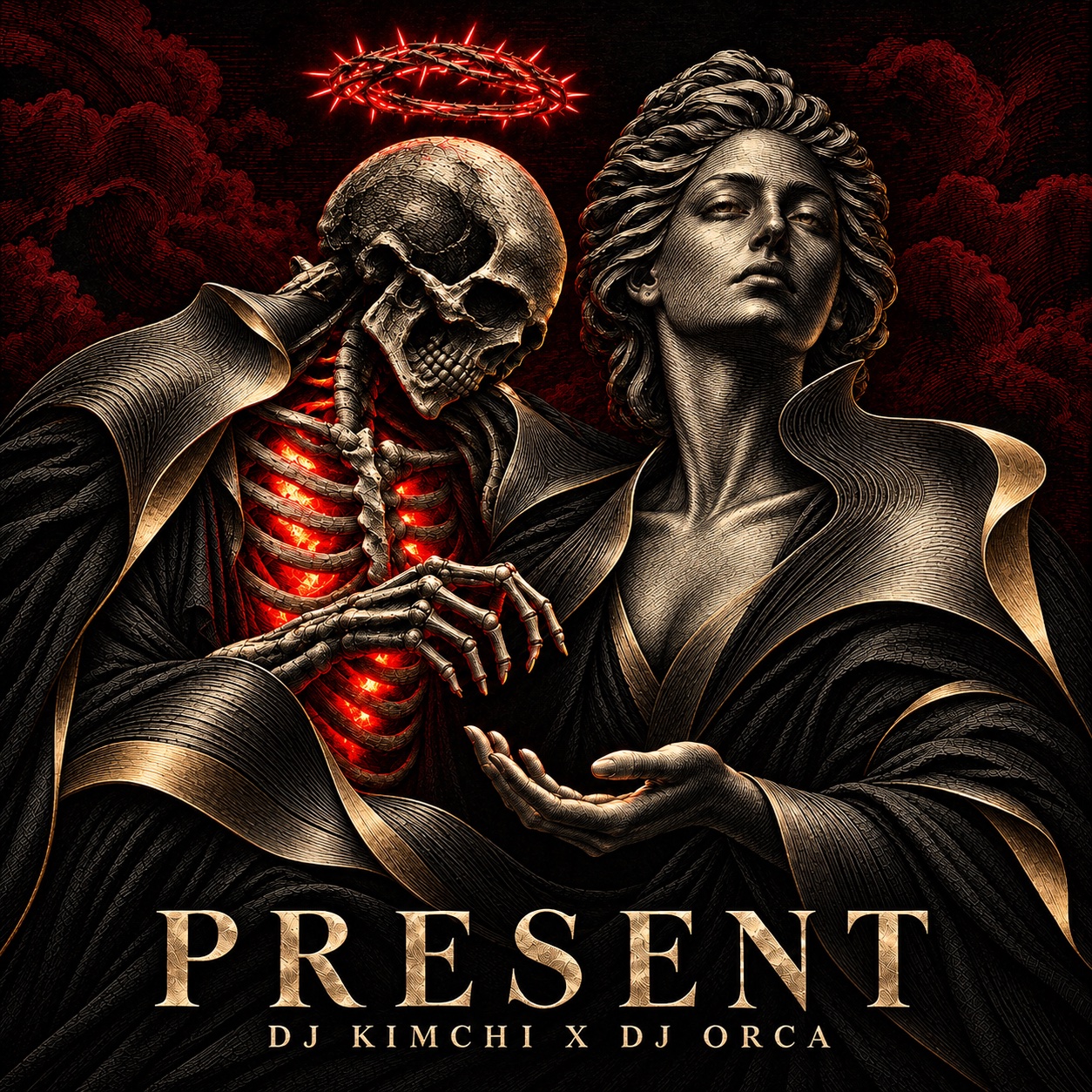 An engraved skeletal figure with a red halo stands beside an ivory human figure against black and red clouds.