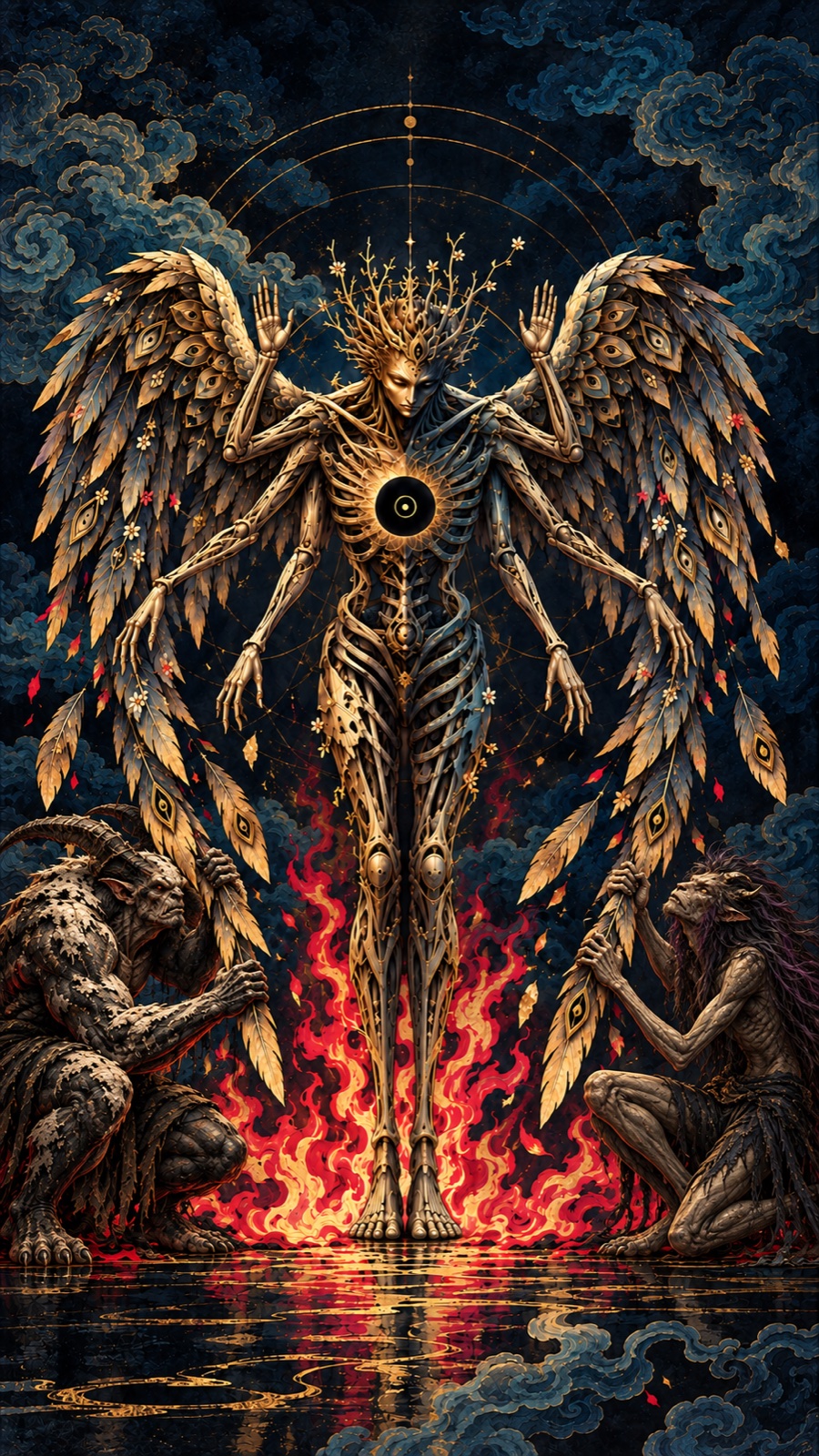 Golden winged figure with six arms and an eclipse chest, flanked by two crouching creatures above red flames.