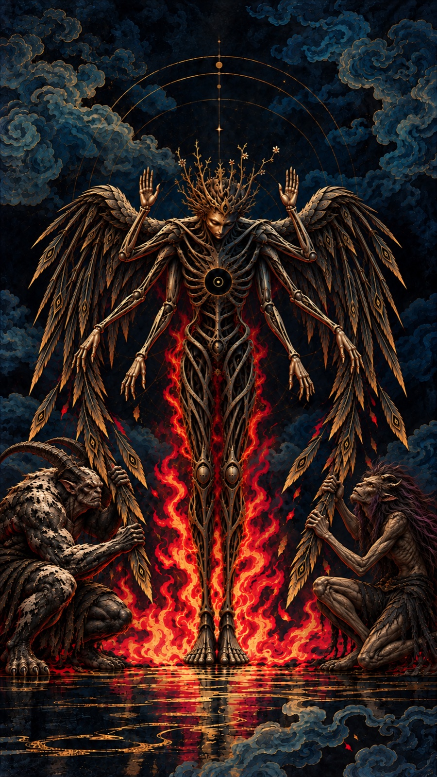 Winged golden figure lowers its head as red flames rise between two crouching creatures.