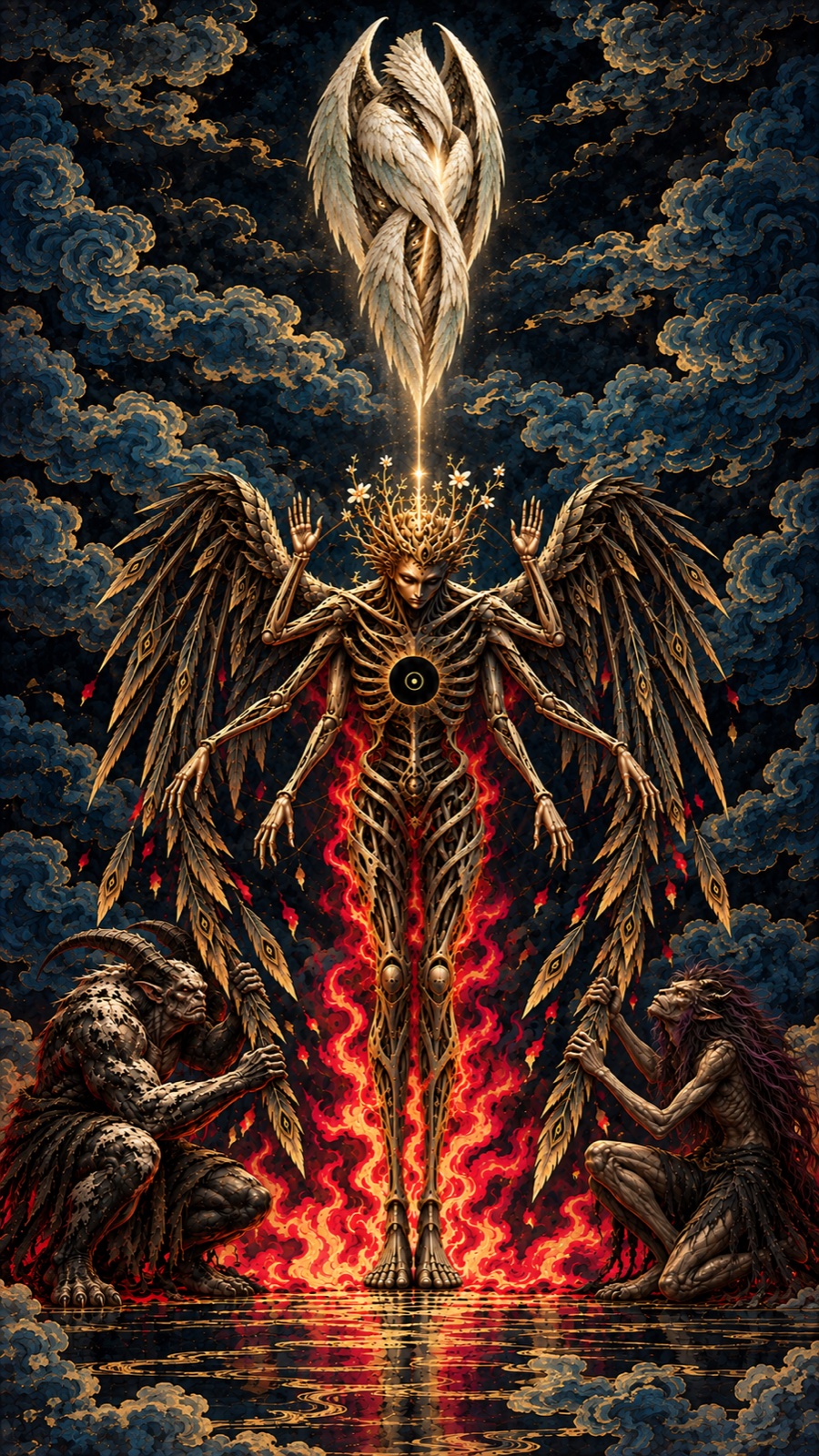 A white feathered cocoon floats above the golden winged figure amid dark blue clouds and red flames.