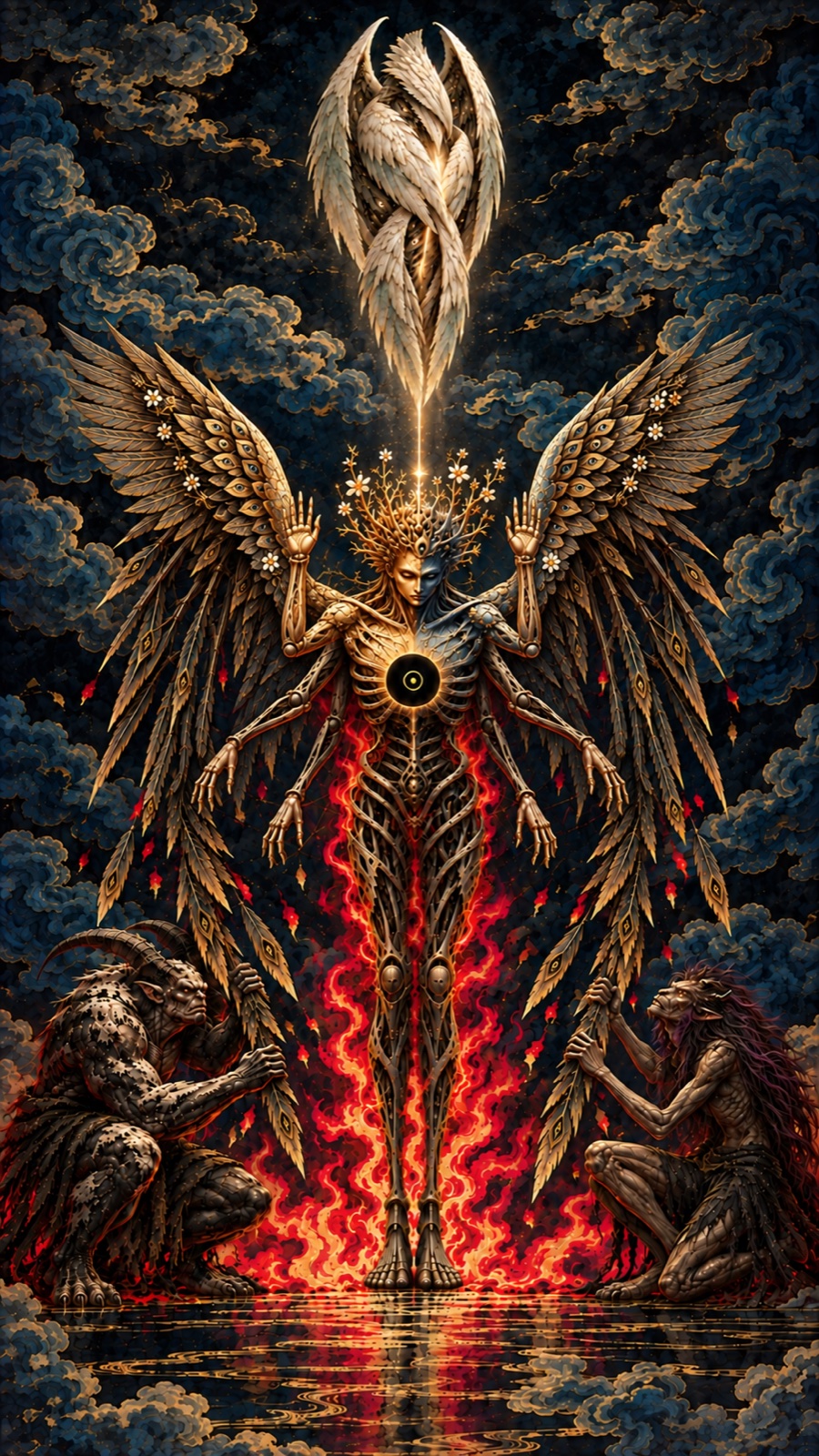 The central figure raises its wings beneath a white feathered cocoon, surrounded by navy clouds.