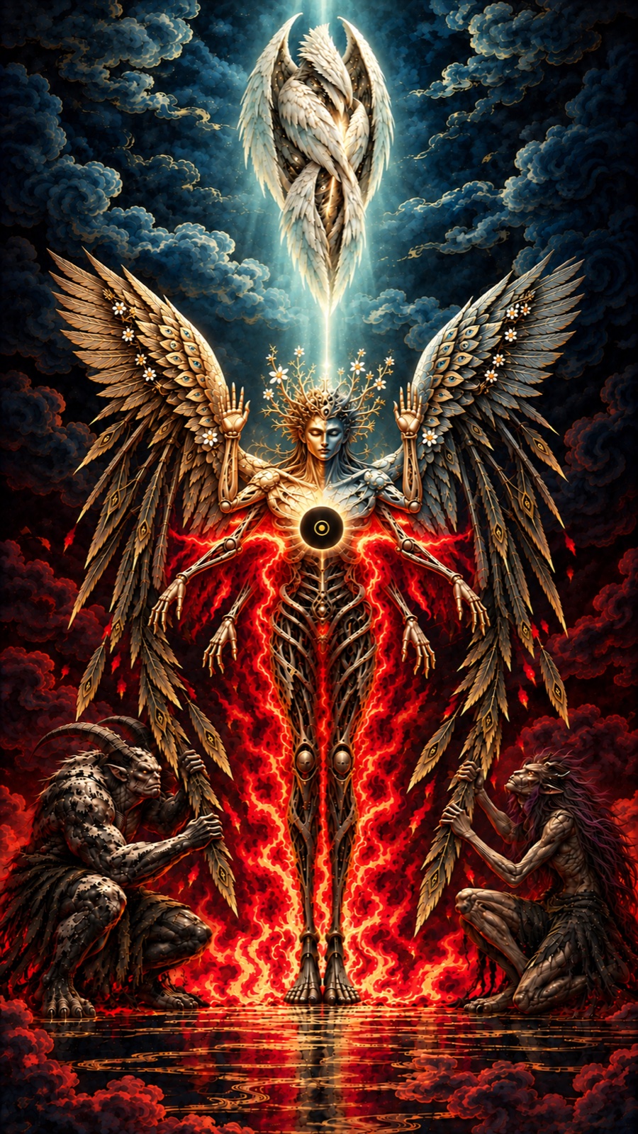 A shaft of pale blue light connects the cocoon and winged figure as bright red energy spreads around its torso.