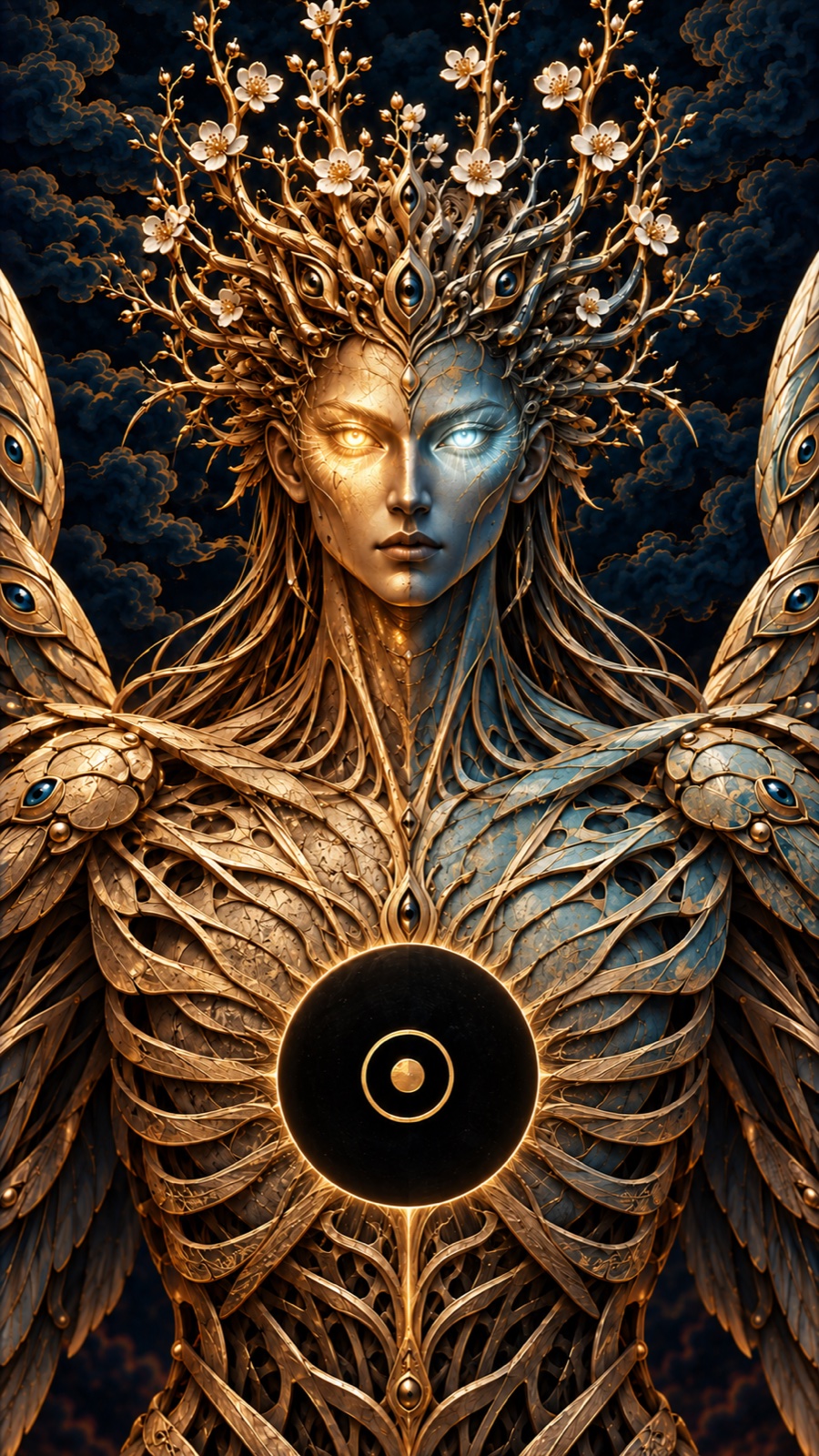 Close portrait of a gold and blue figure with a flowering crown, glowing eyes and a black eclipse at its chest.