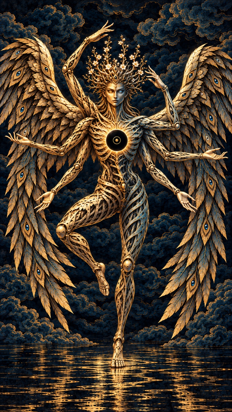 Six-armed gold and blue winged figure balances on one leg above dark reflective water.