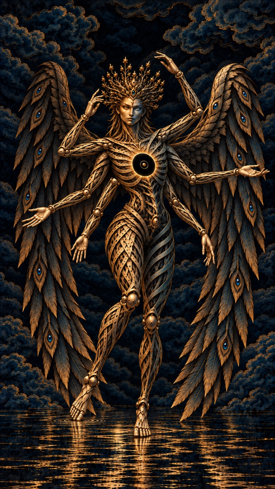 Six-armed winged figure poses with crossed legs and lowered feathered wings above dark water.