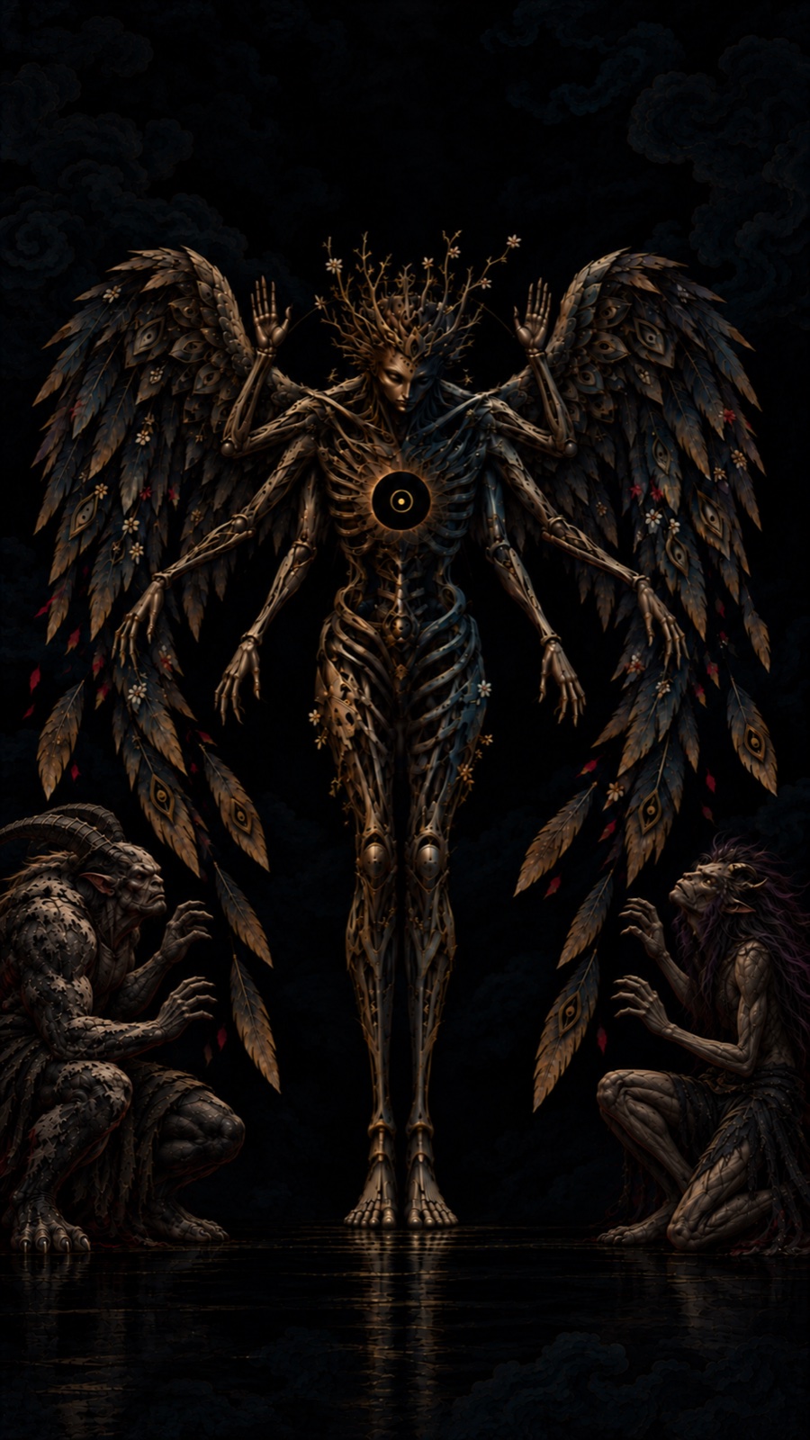 The winged figure and two crouching creatures recede into darkness; the eclipse chest remains faintly outlined.