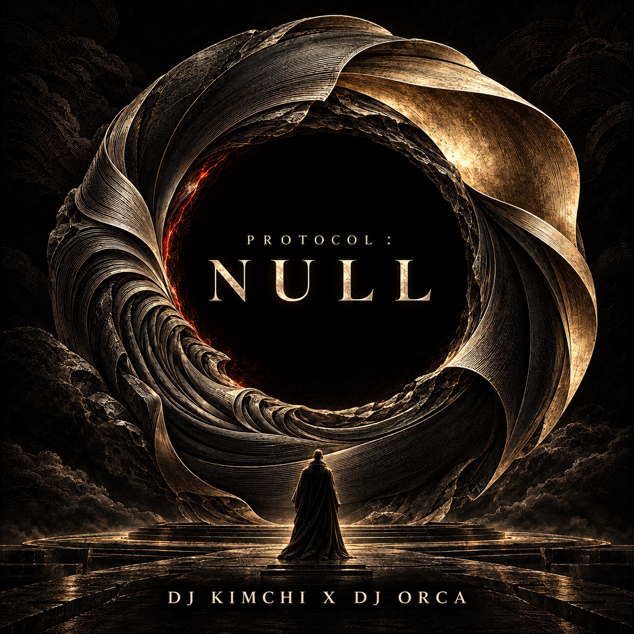 A lone cloaked figure faces a monumental bronze spiral surrounding a black void.
