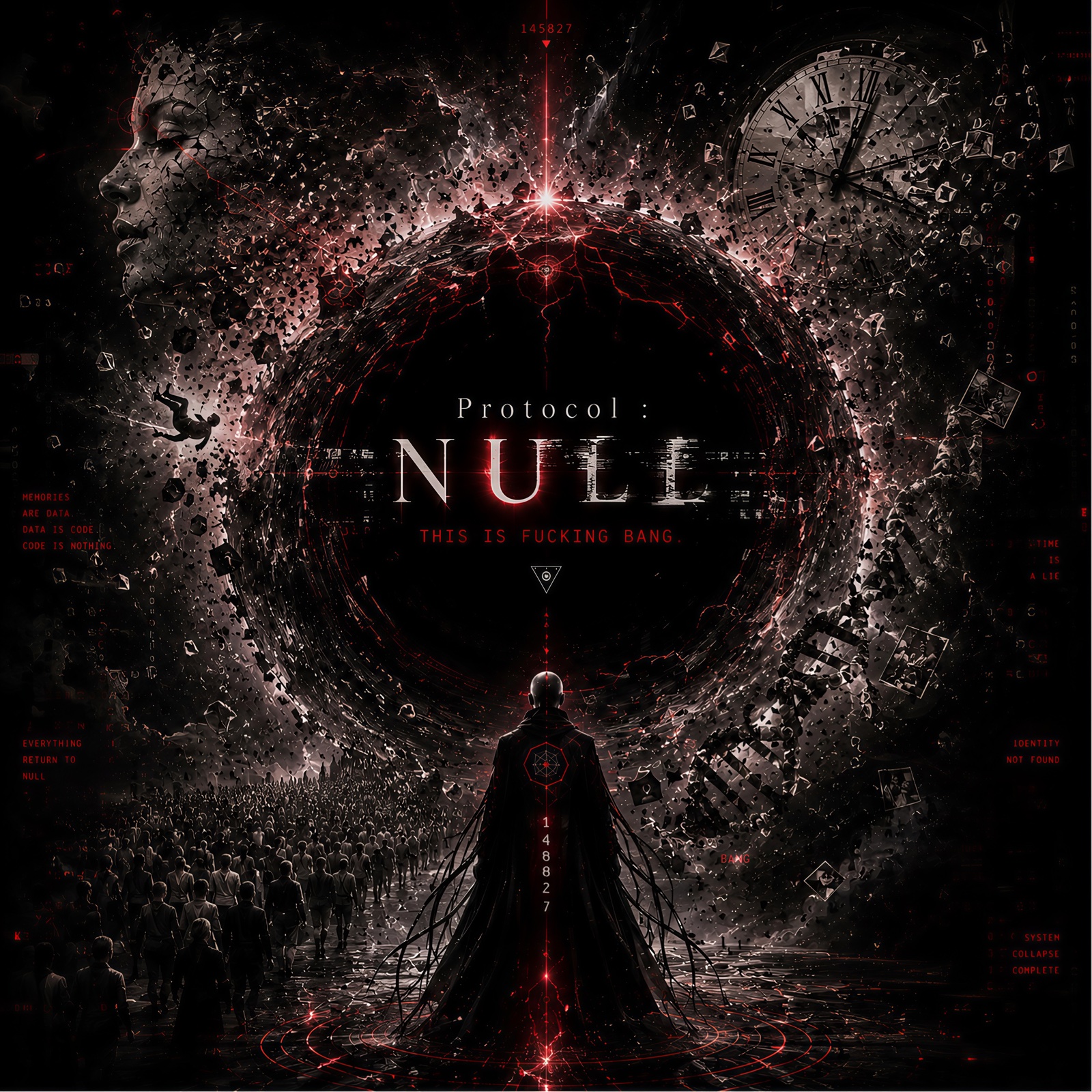 A cloaked figure faces a black circular portal surrounded by a crumbling face, clock and red digital fragments.