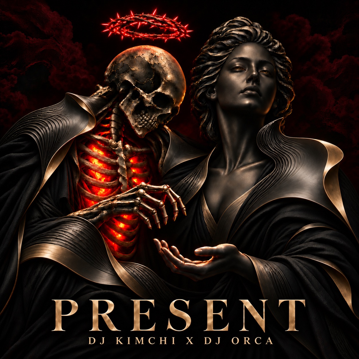 A glowing red skeleton and a dark metallic statue wrapped in flowing ridged black and gold forms, with PRESENT and DJ KIMCHI X DJ ORCA lettering.